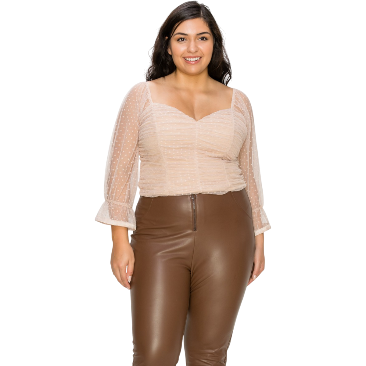 Plus size sweetheart top with sheer mesh sleeves