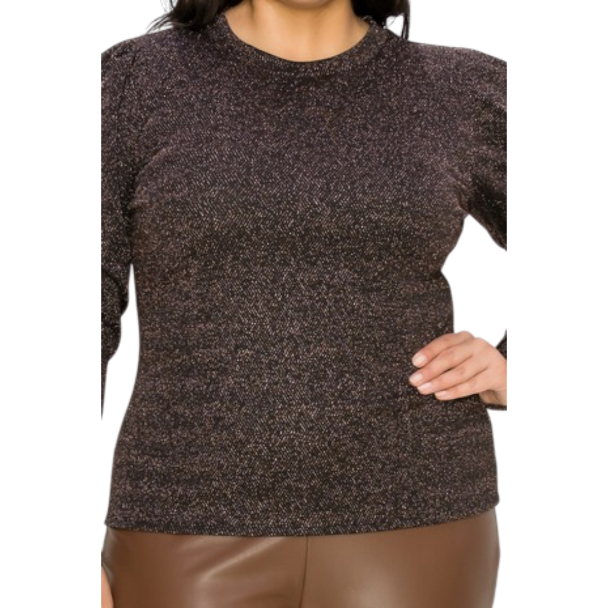 Plus size sparkling long sleeve top with puff sleeves