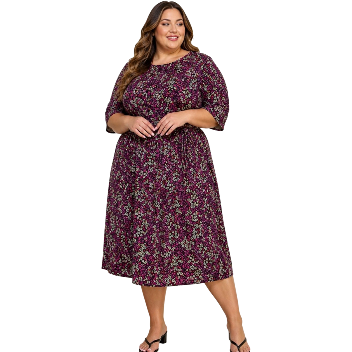 Plus Size Berry Floral Empire-Waist Midi Dress