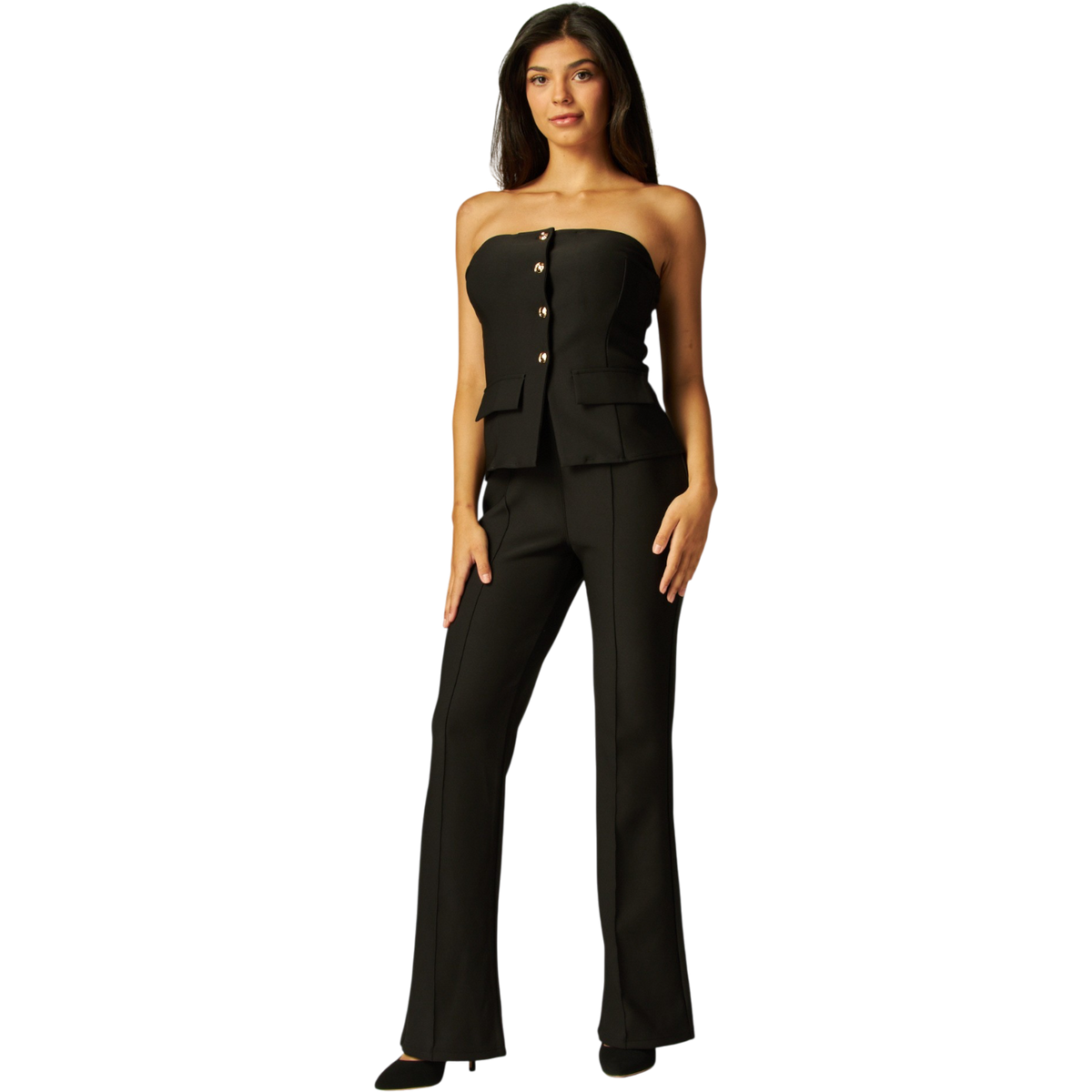 Scuba Knit Strapless Button Front Tube Top