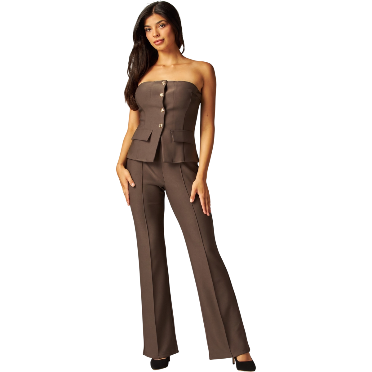 Scuba Knit Strapless Button Front Tube Top