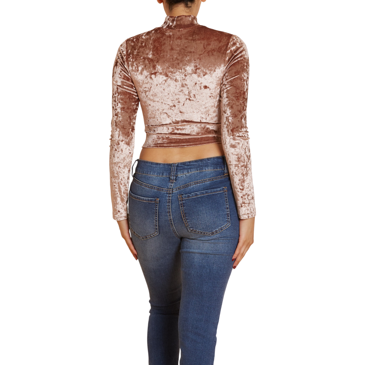 Velvet Mock Neck Long Sleeve Crop Top