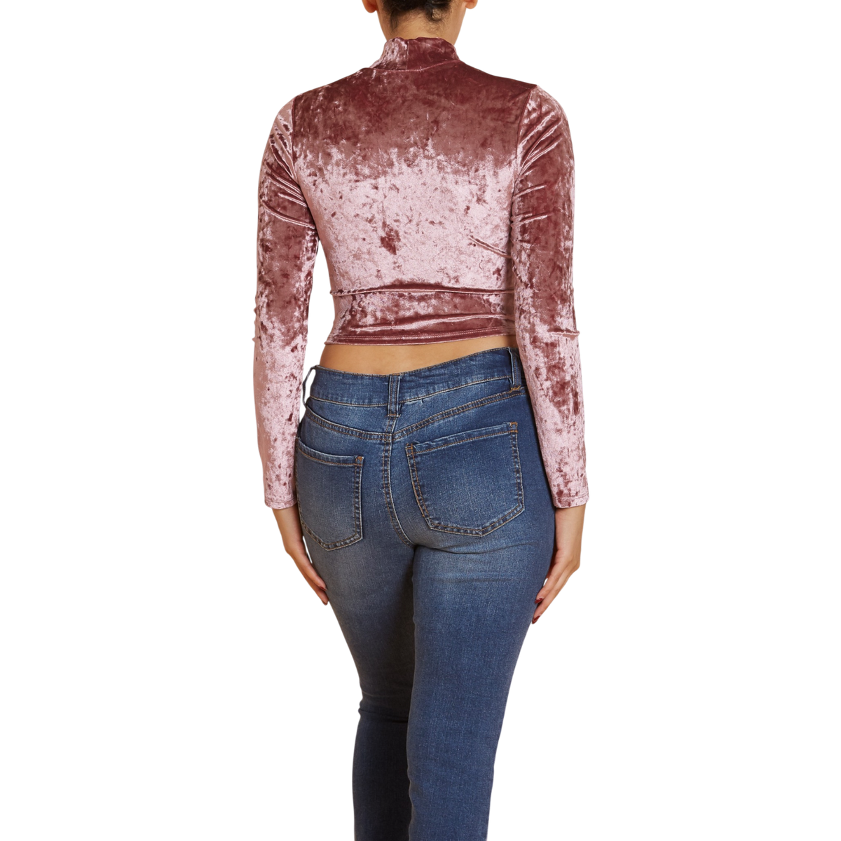 Velvet Mock Neck Long Sleeve Crop Top