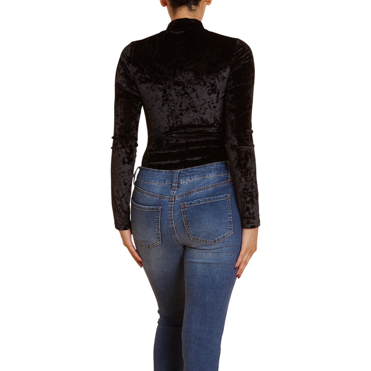 Back view of black velvet long sleeve bodysuit