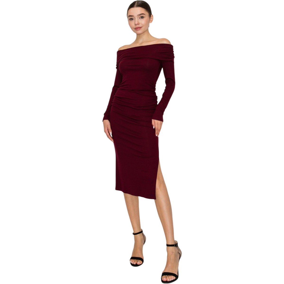 Off-shoulder ruched slit midi dress