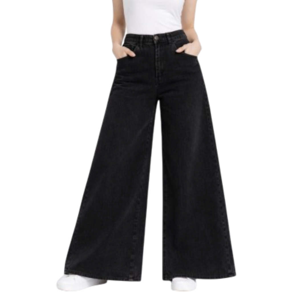 High Waist Black Denim Pants Pocket Baggy Jeans Wide Legs