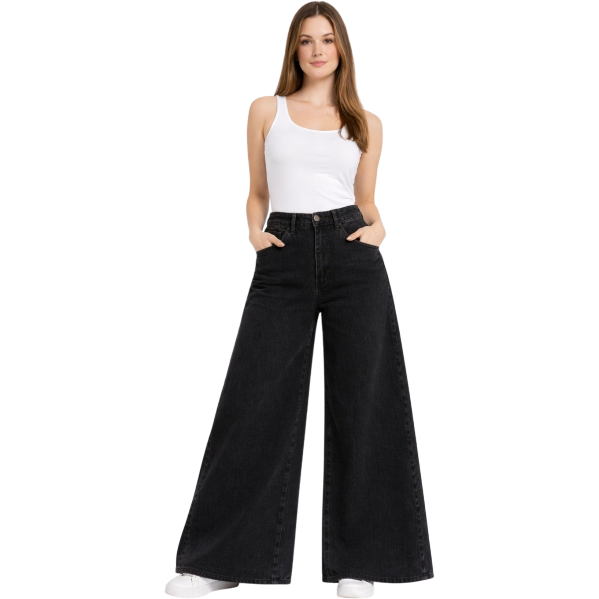 High Waist Black Denim Pants Pocket Baggy Jeans Wide Legs