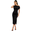 Asymmetric ruched side-slit midi dress