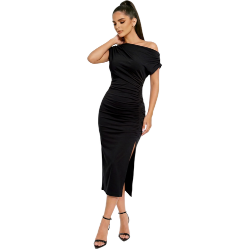 Asymmetric ruched side-slit midi dress