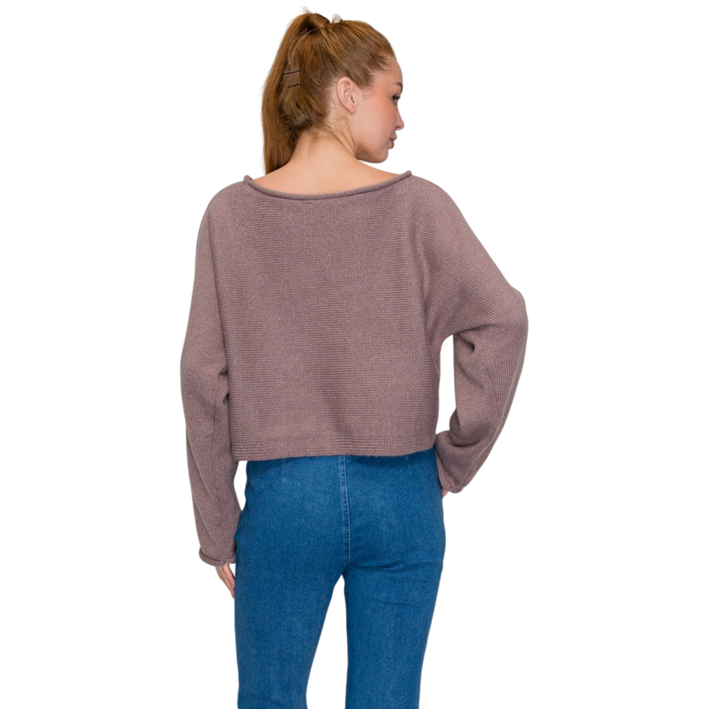 Back view of cropped ribbed knit sweater top