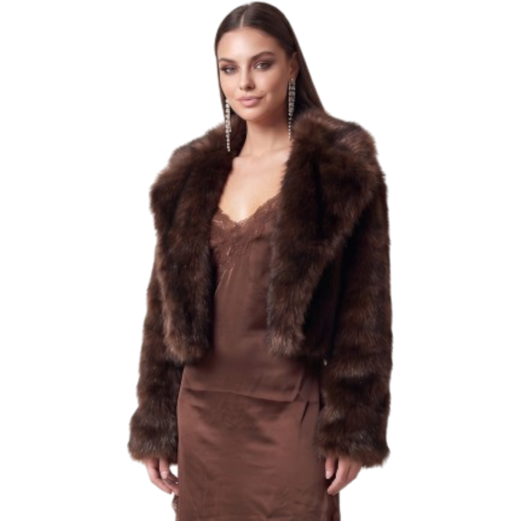 Front view of faux fur notched collar jacket