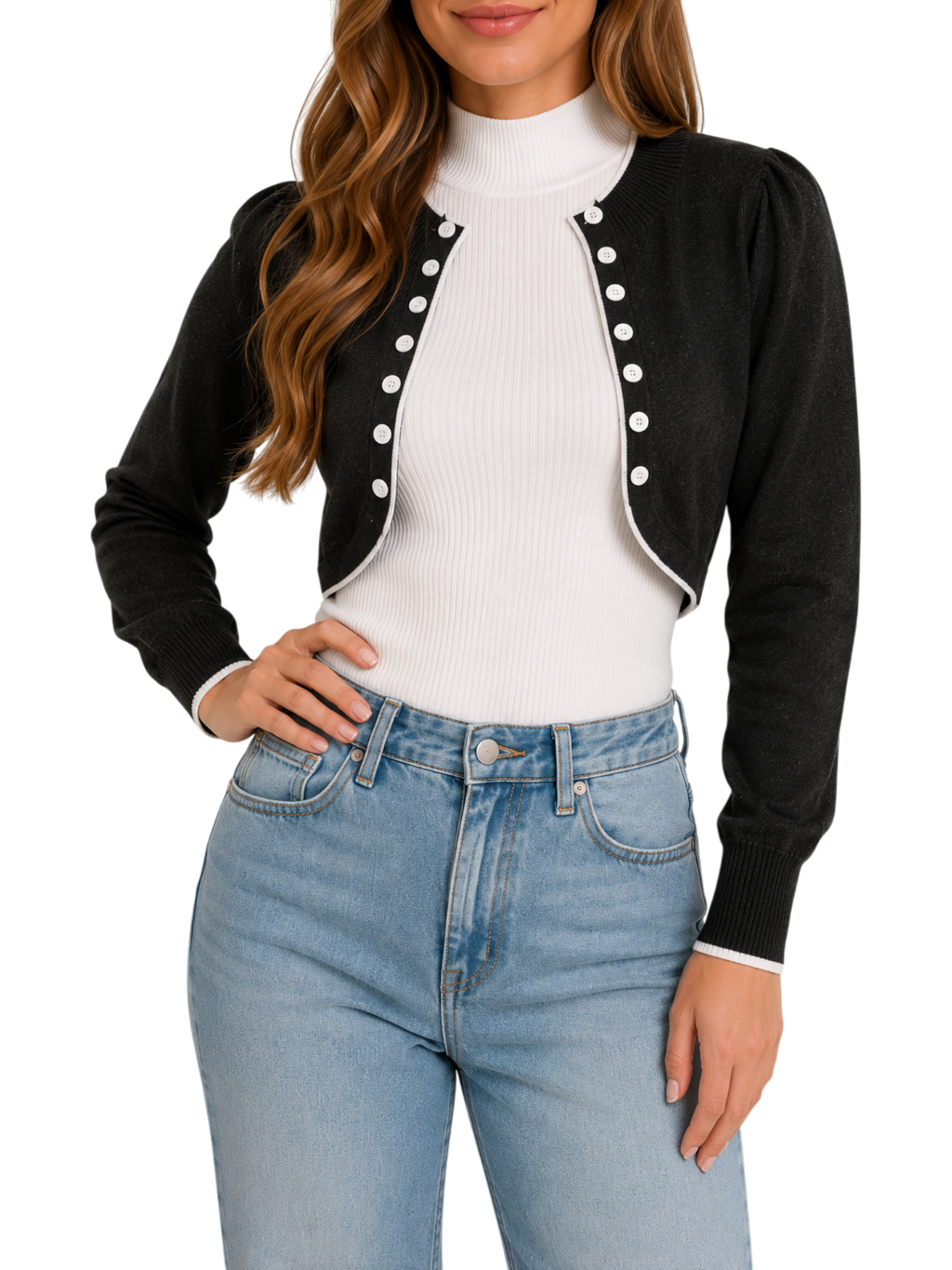 Pearl-Button Crop Bolero Sweater - Detail view