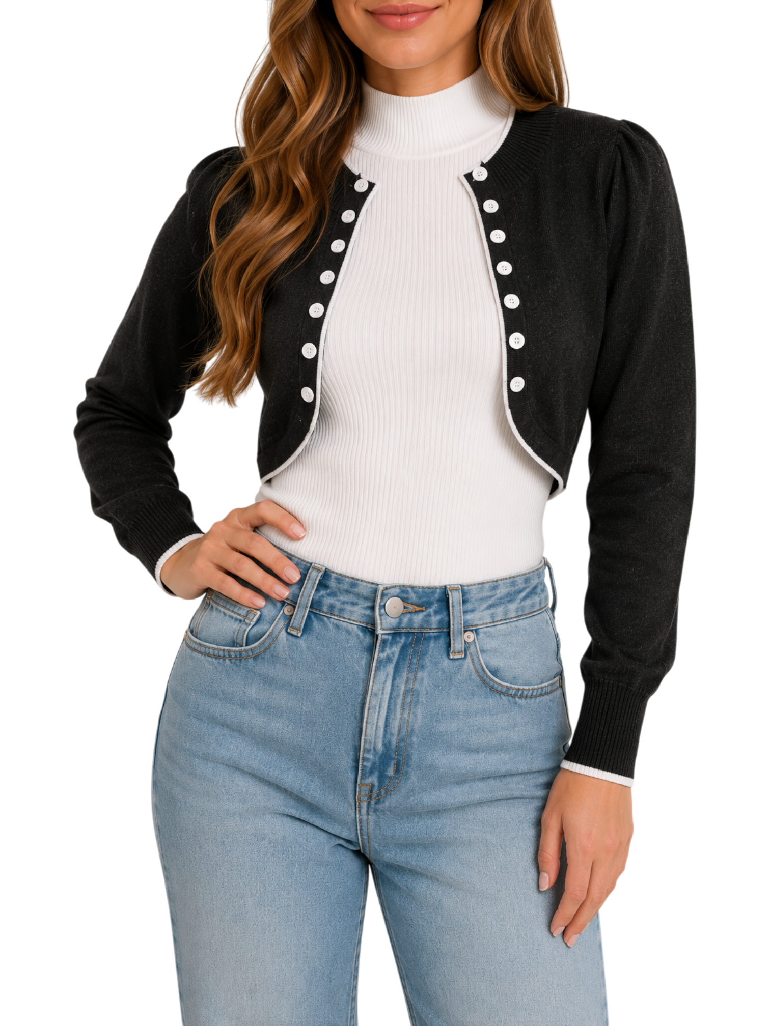 Pearl-Button Crop Bolero Sweater - Detail view