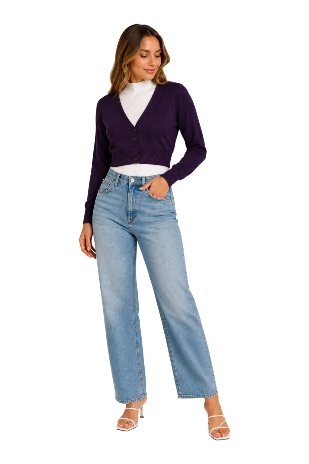 V-Neck Button-Front Crop Cardigan - Dark Grey full length view