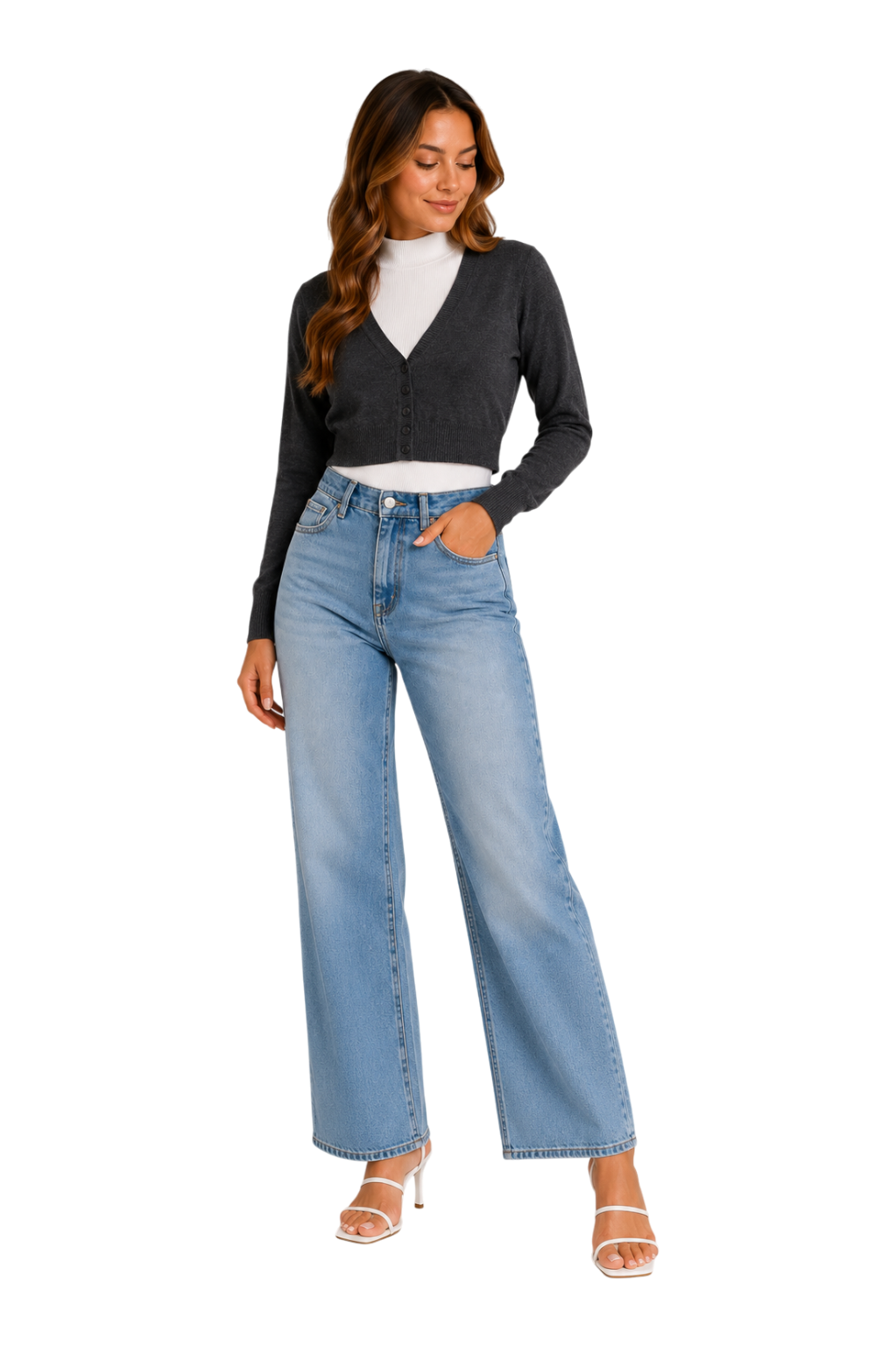 V-Neck Button-Front Crop Cardigan - Light Grey full length view