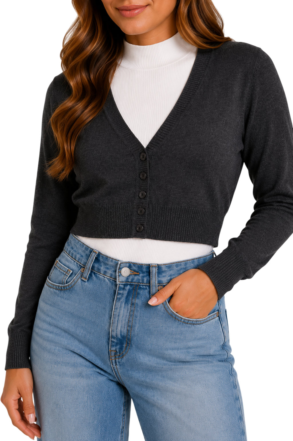 V-Neck Button-Front Crop Cardigan - Light Grey full body view