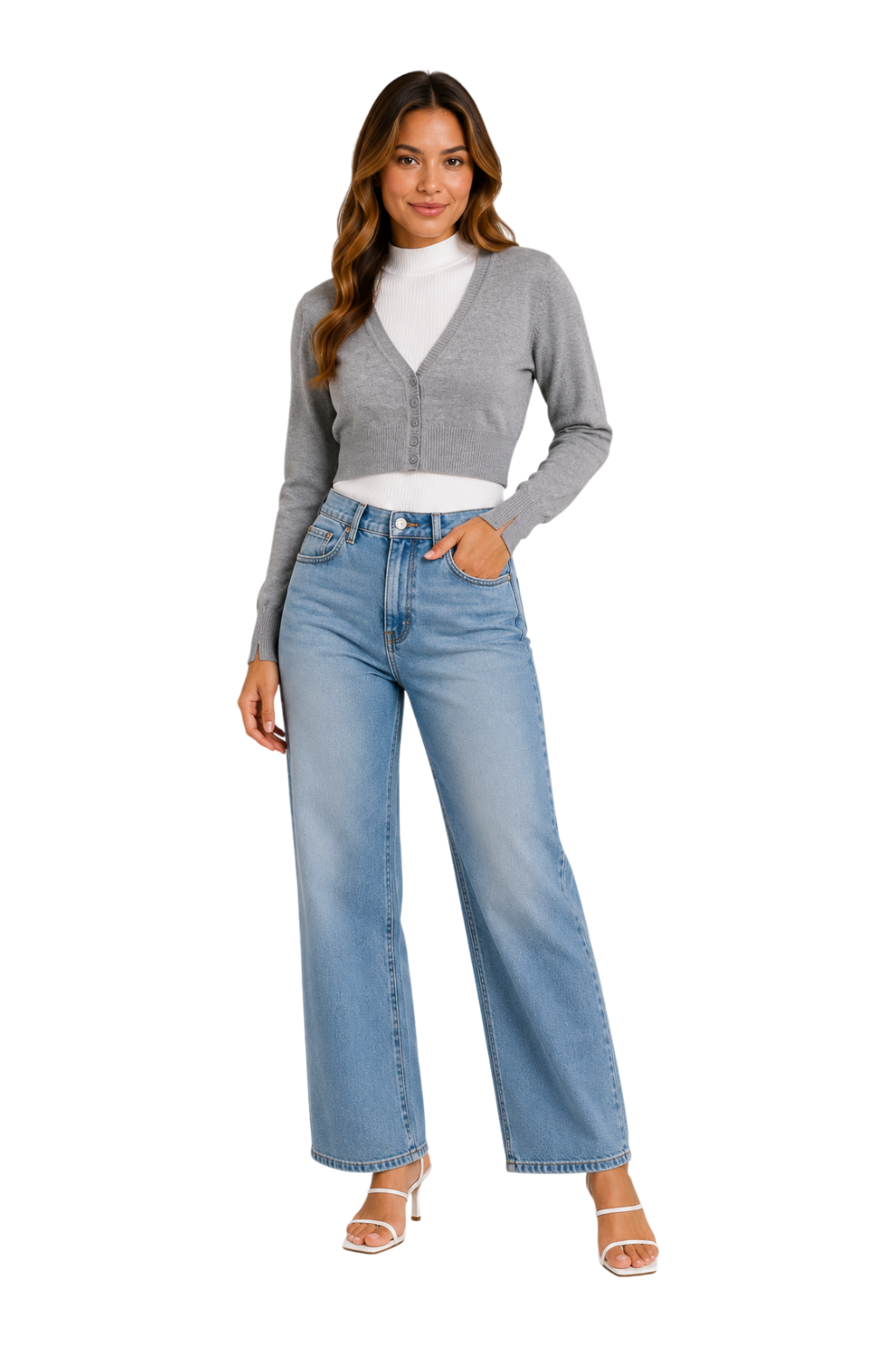V-Neck Button-Front Crop Cardigan - Light Grey full body view 2