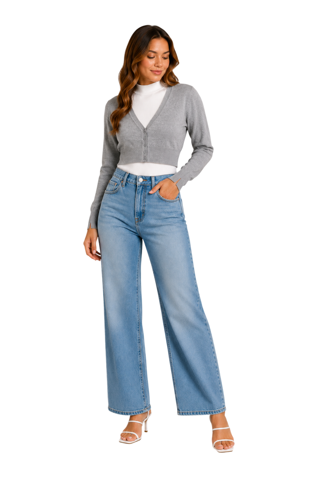 V-Neck Button-Front Crop Cardigan - Light Grey detail view