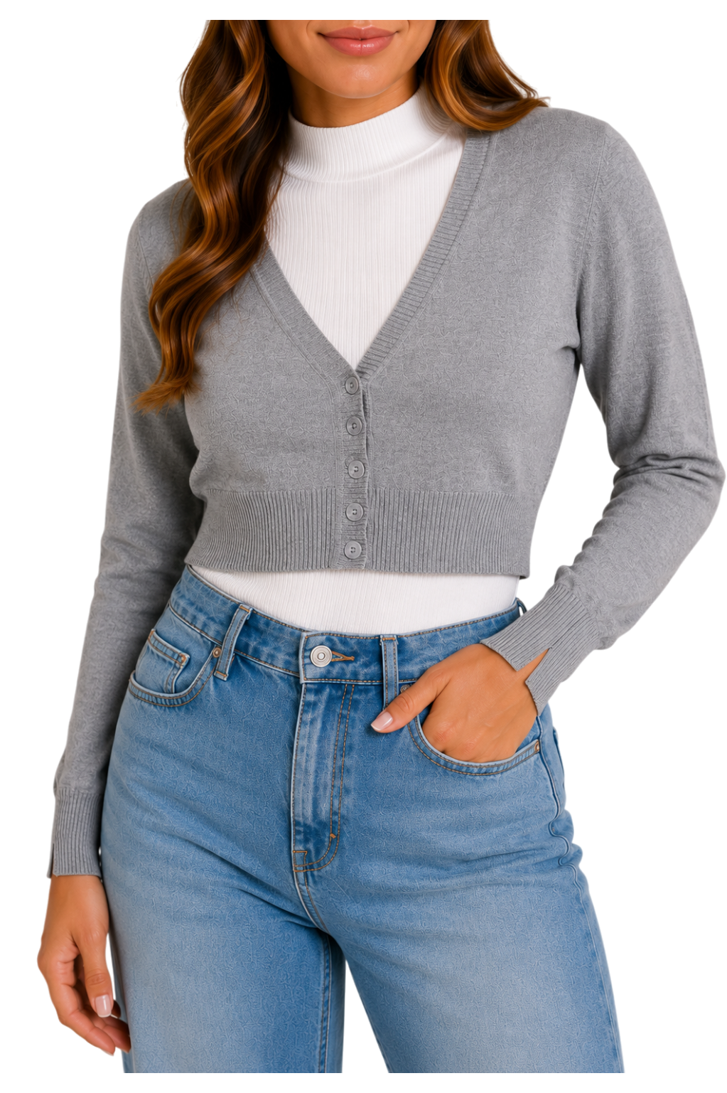 V-Neck Button-Front Crop Cardigan - Light Grey close-up detail