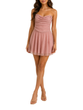 Ruched Mesh Mini Dress in Dusty Pink strapless - front view