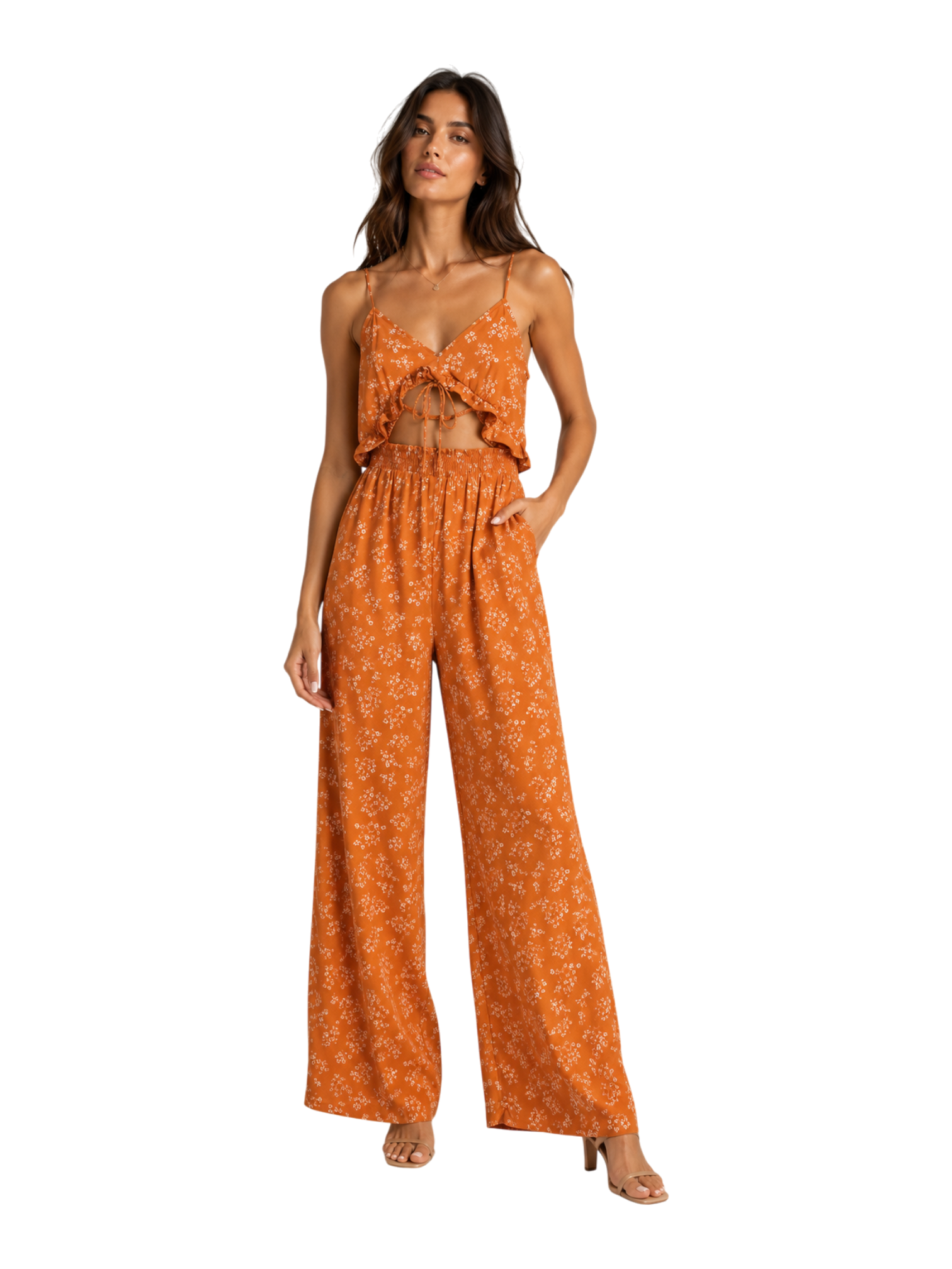 Floral Ruffle Crop Top and Wide Leg Pants Set in Rust Orange - full length view