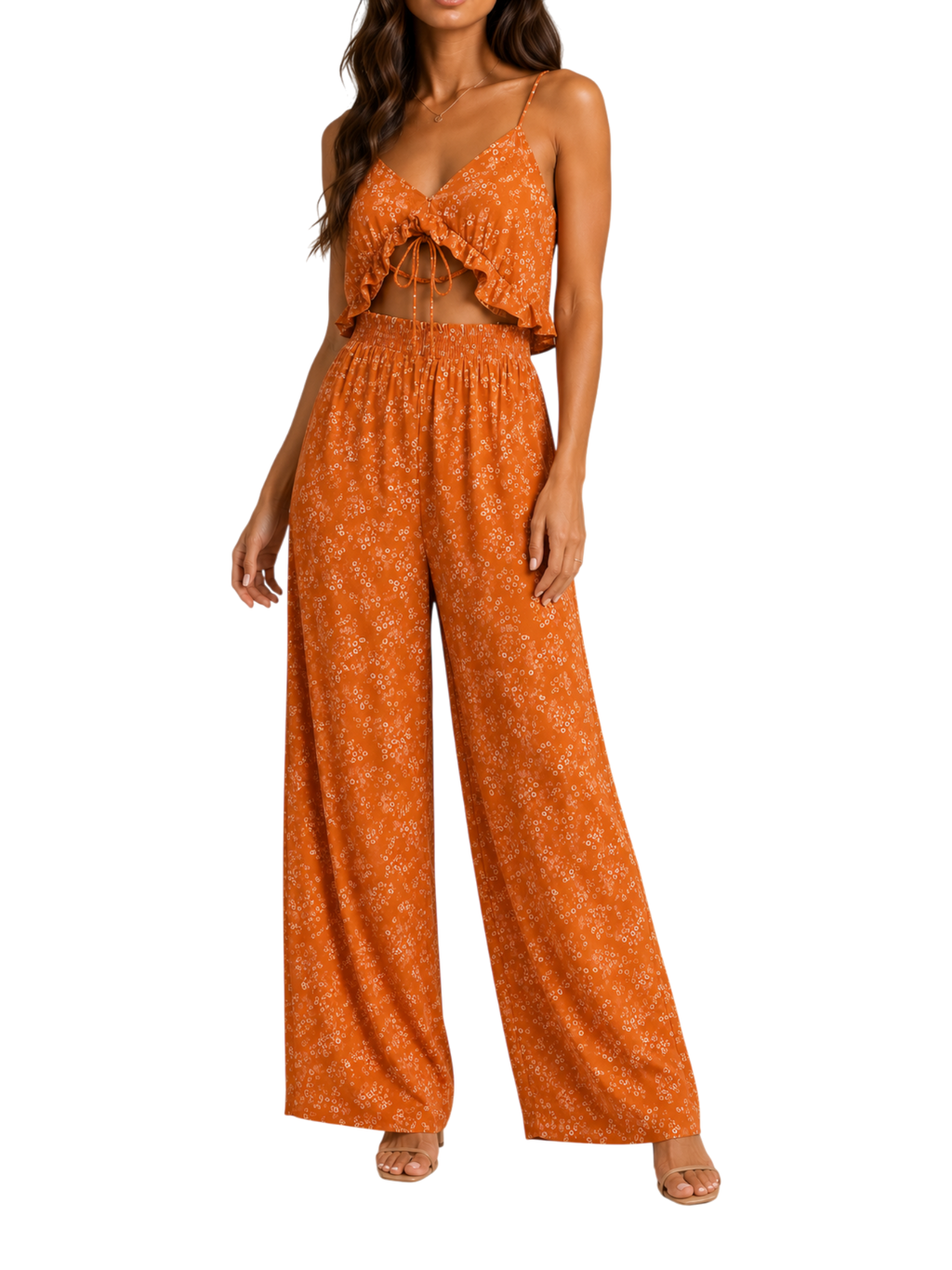 Floral Ruffle Crop Top and Wide Leg Pants Set in Rust Orange - close up view