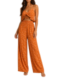 Floral Ruffle Crop Top and Wide Leg Pants Set in Rust Orange - close up view