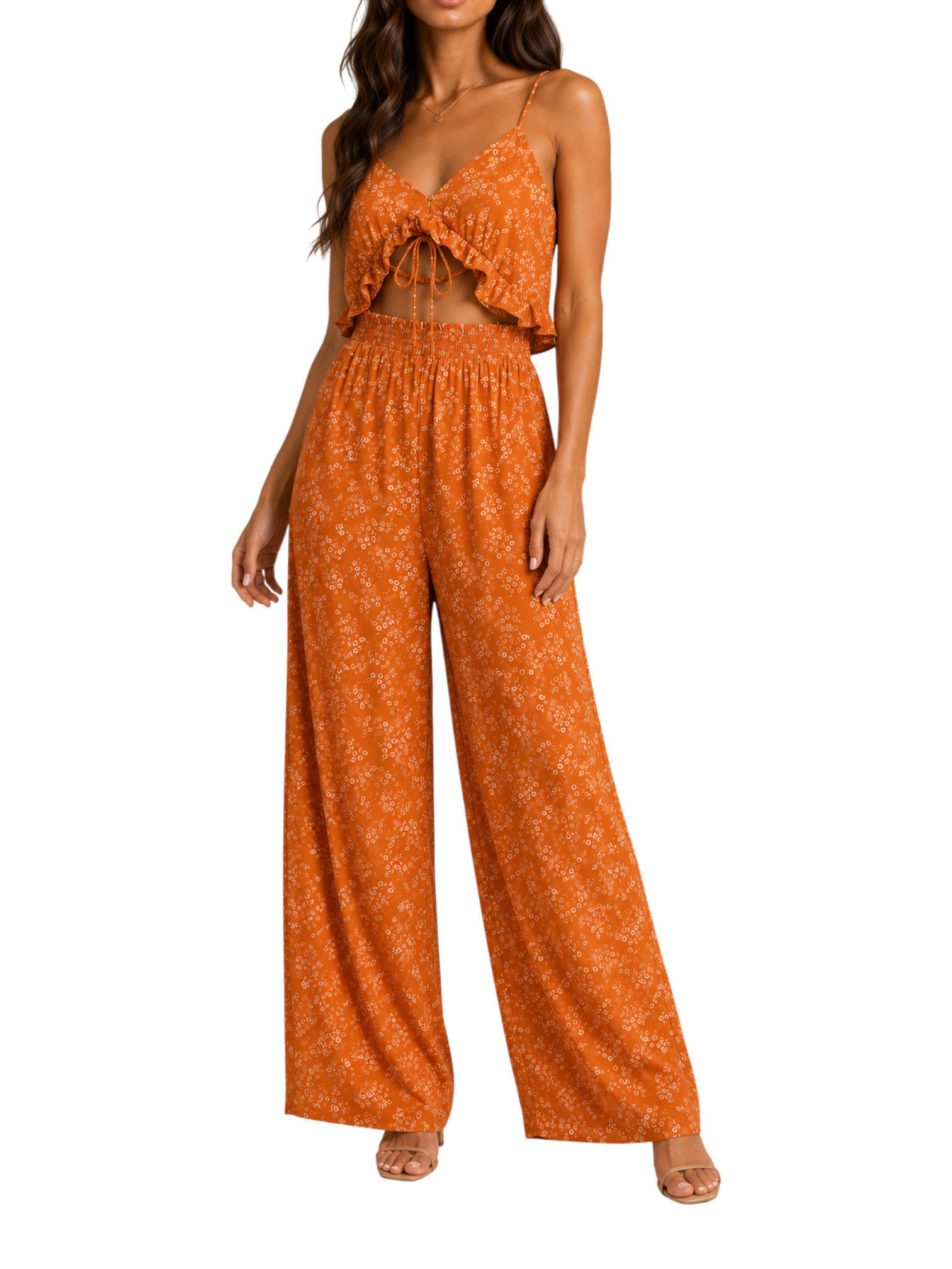 Floral Ruffle Crop Top and Wide Leg Pants Set in Rust Orange - close up view
