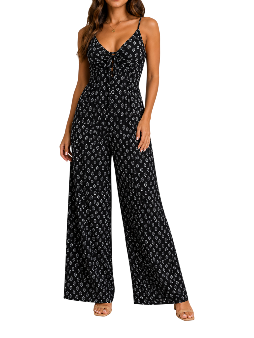 Boho Print Tie-Front Wide-Leg Jumpsuit - front view full length