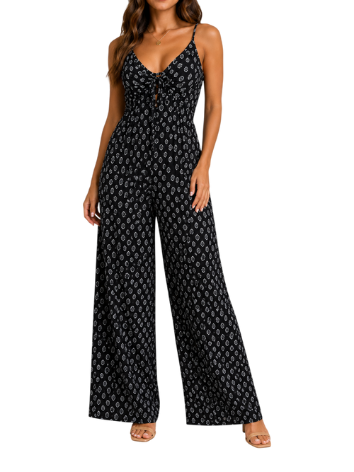 Boho Print Tie-Front Wide-Leg Jumpsuit - front view full length