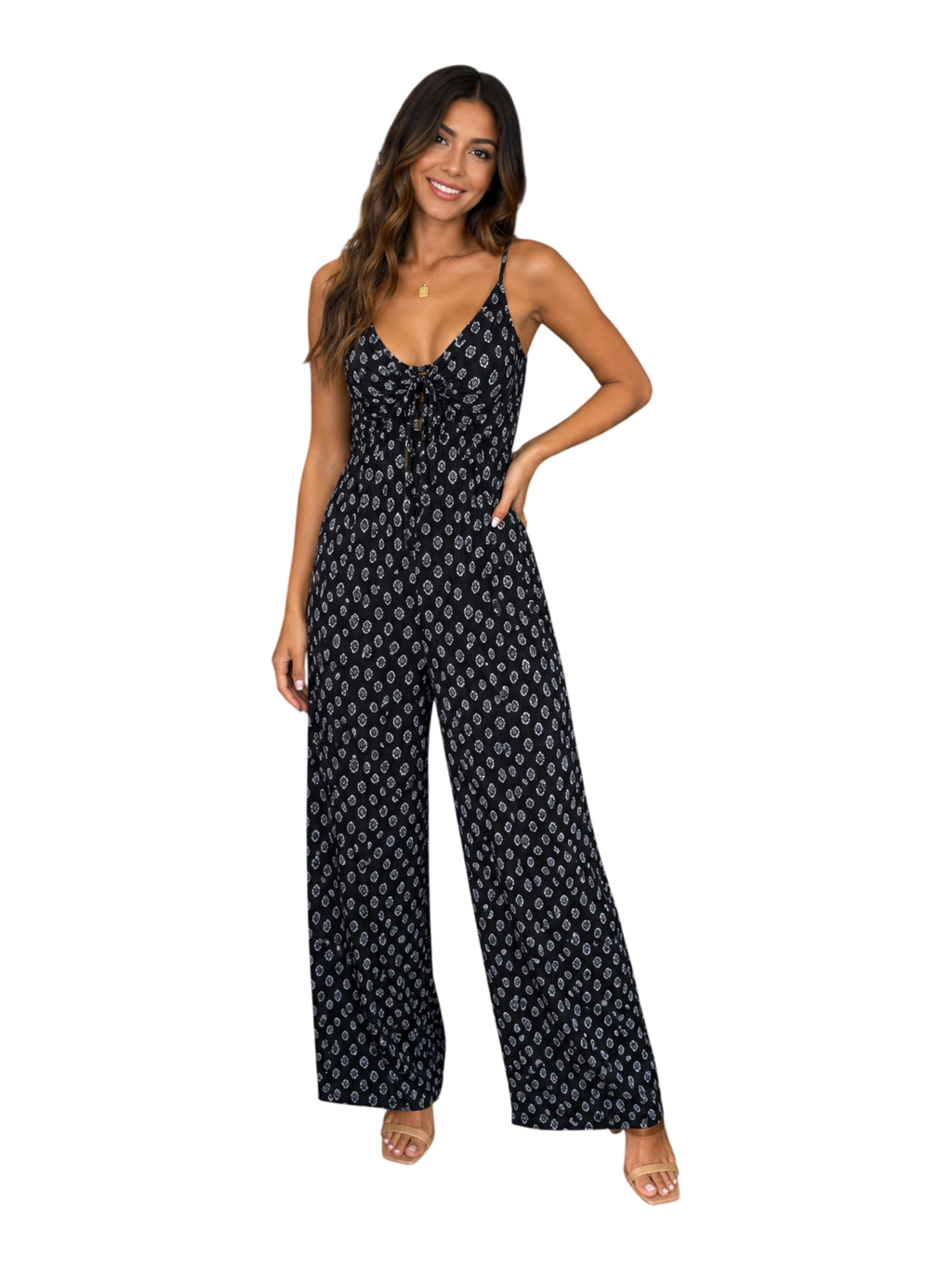 Boho Print Tie-Front Wide-Leg Jumpsuit - front view close up