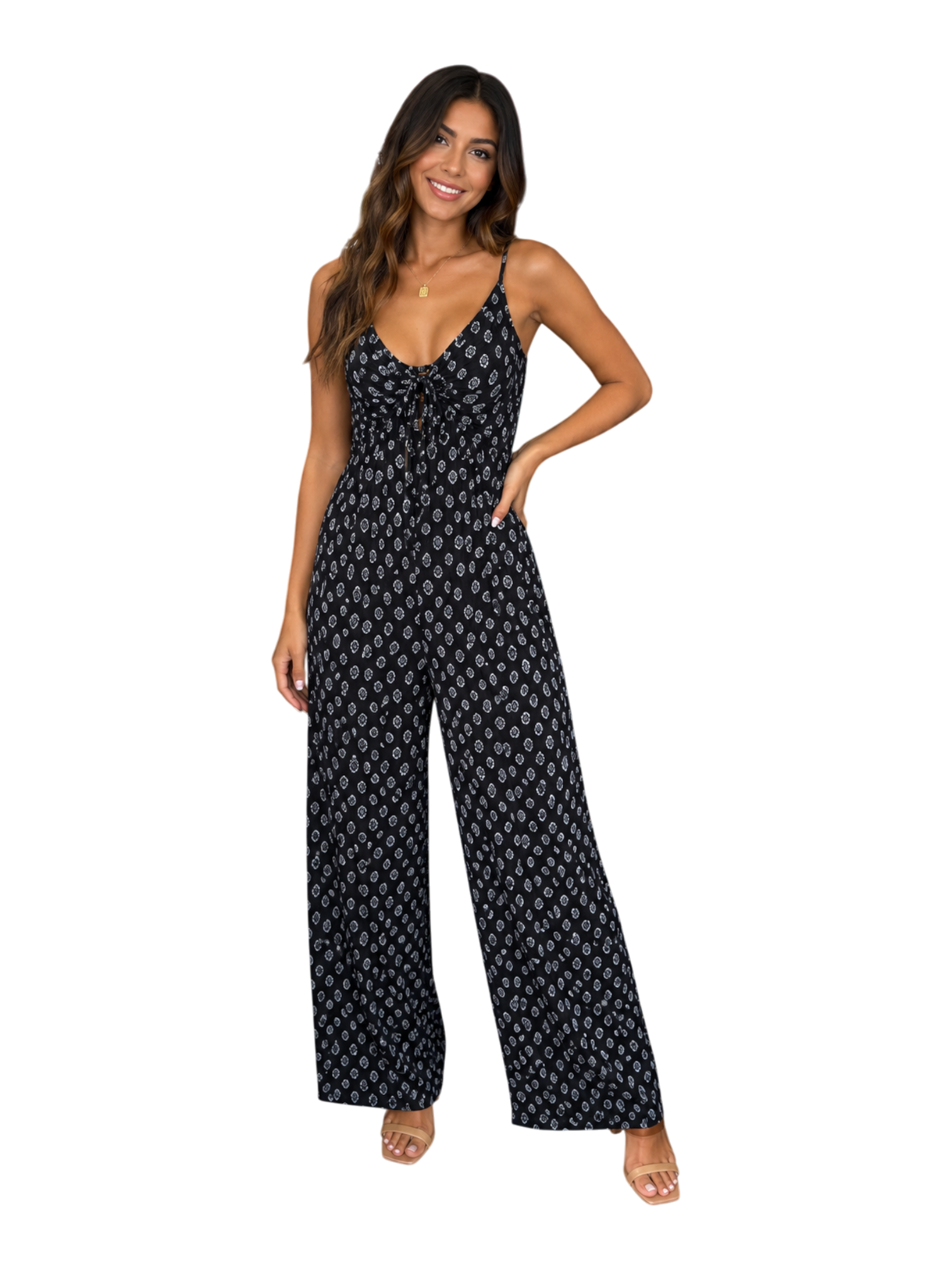 Boho Print Tie-Front Wide-Leg Jumpsuit - front view close up