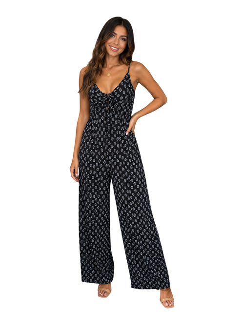 Boho Print Tie-Front Wide-Leg Jumpsuit - front view close up