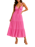 Tie-Front Tiered Maxi Dress in Hot Pink - full length front view