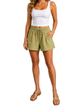 Olive gauze drawstring shorts - full body front view