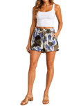 Camo print gauze drawstring shorts - close up front view