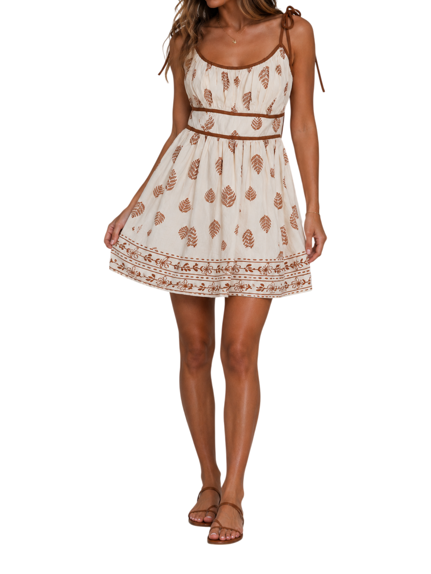 Boho Leaf Tie-Back Mini Dress - Front View
