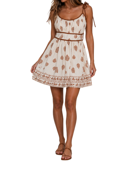 Boho Leaf Tie-Back Mini Dress - Front View