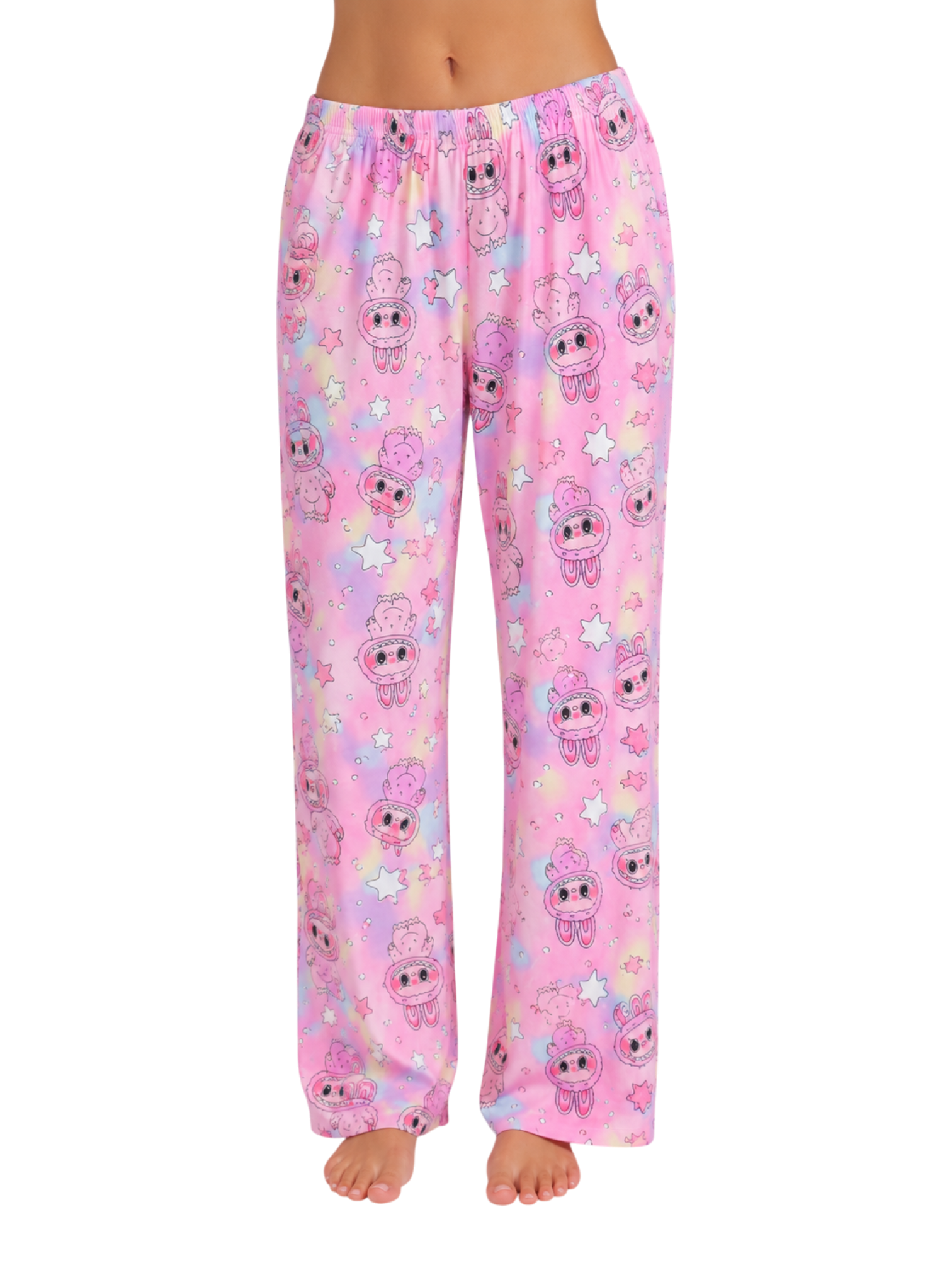 Labubu star print pajama pants in pink - close up front view