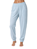 Light blue elastic waist jogger pants - close up front view