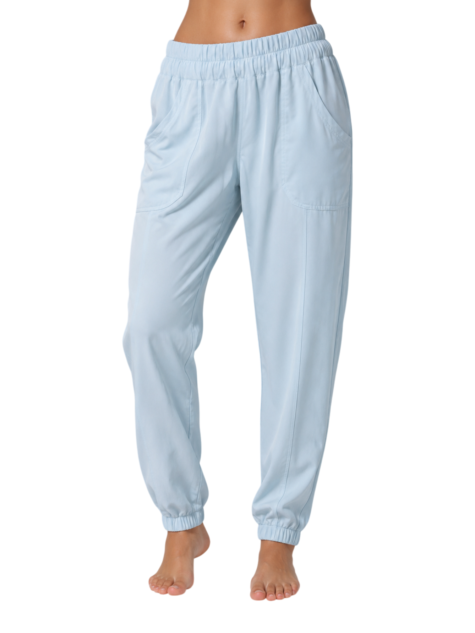 Light blue elastic waist jogger pants - close up front view
