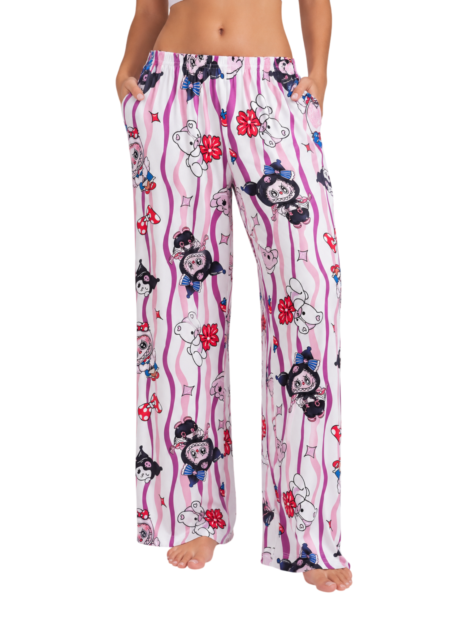 Kuromi striped print pajama pants - close up front view