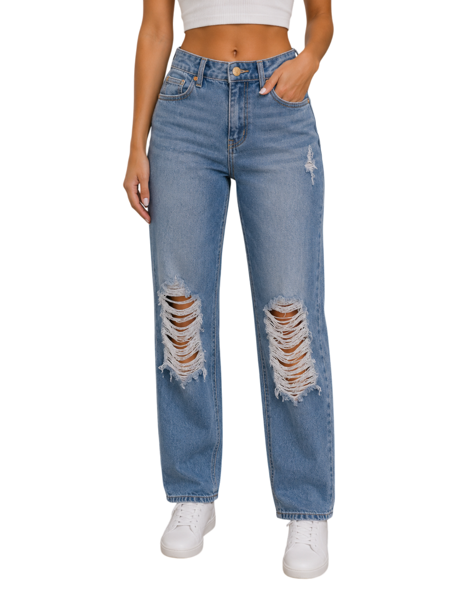 High-Rise Distressed Straight Leg Jeans - back view