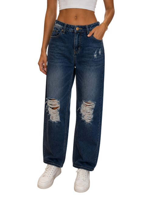 Dark Wash Distressed Baggy Jeans - front view