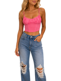 Ruched Bust Spaghetti Strap Crop Top - Pink full body front