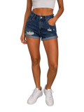 High-Rise Distressed Rolled Hem Denim Shorts - front view