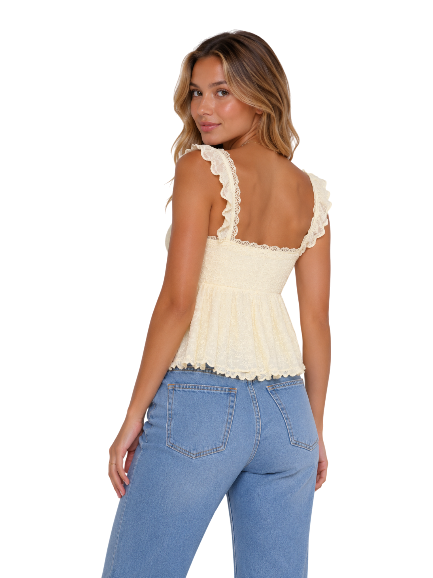 Lace Ruffle Peplum Crop Top - Cream back view
