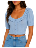 Ruffle Neck Button-Front Knit Crop Top - Blue front view