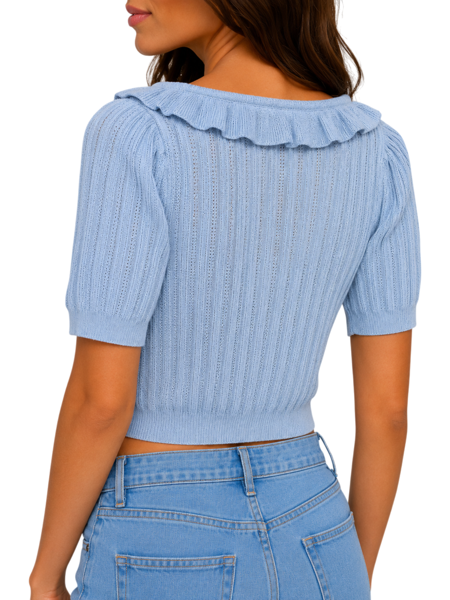 Ruffle Neck Button-Front Knit Crop Top - Blue back view