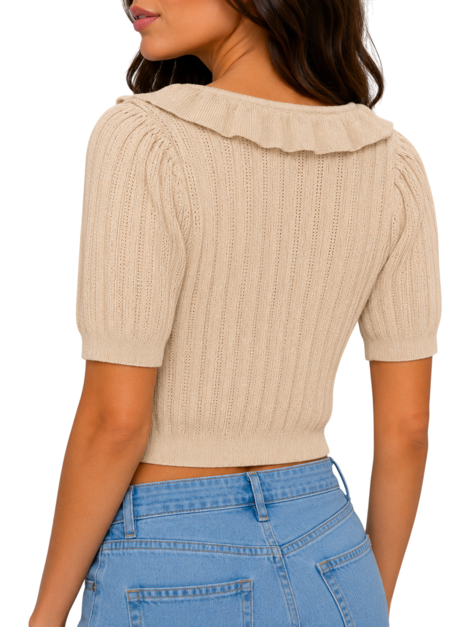 Ruffle Neck Button-Front Knit Crop Top - Beige back view